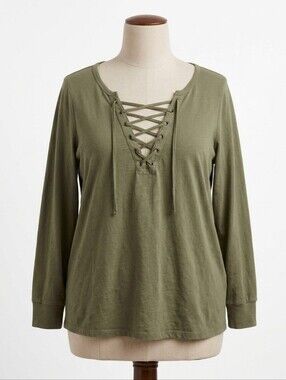 Torrid Classic Fit 100% Cotton Olive Lace-Up Long Sleeve Tee Size 3 (22/24)